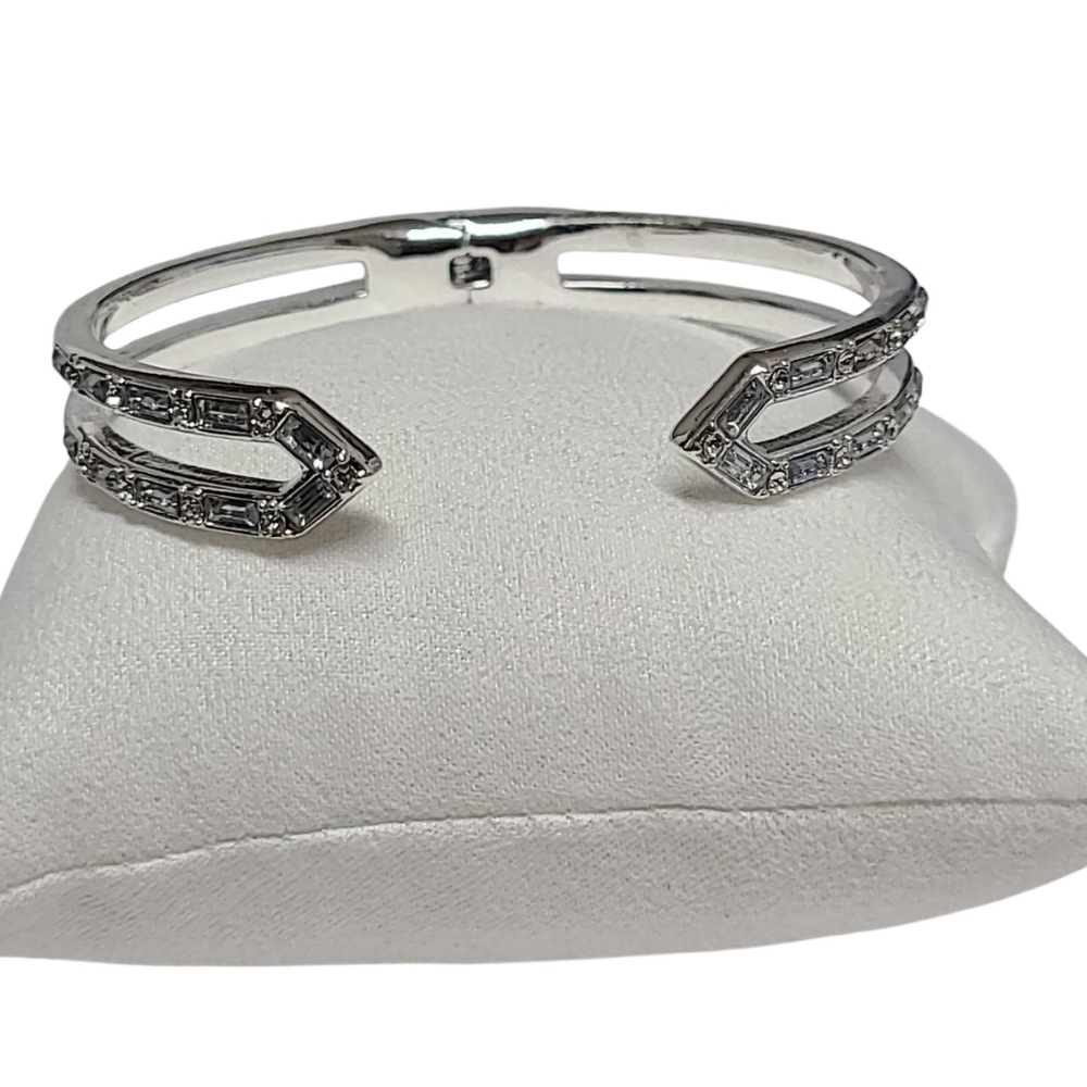Bomb Party Rhodium Hinged Cuff Bracelet Clear Baguette and Round CZ Stones NWOT